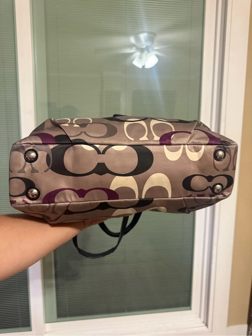 Coach Signature Canvas Shoulder Bag in Taupe, Purple and Black
